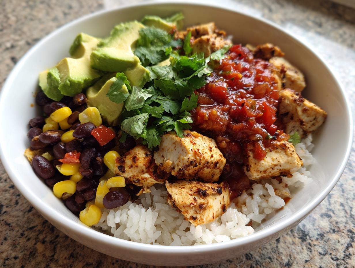 A vibrant white bowl filled with white rice, seasoned chicken chunks, black beans, corn, salsa, sliced avocado, and fresh cilantro, making up a chicken burrito bowl.