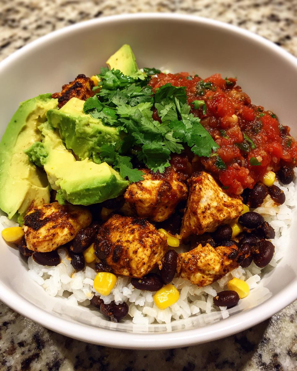 A close-up of a colorful chicken burrito bowl featuring seasoned chicken, rice, black beans, corn, salsa, avocado, and cilantro.