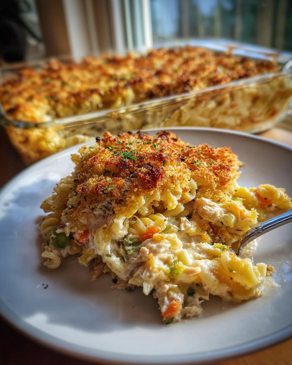 A serving of creamy chicken noodle casserole with a golden brown, crunchy topping on a white plate.