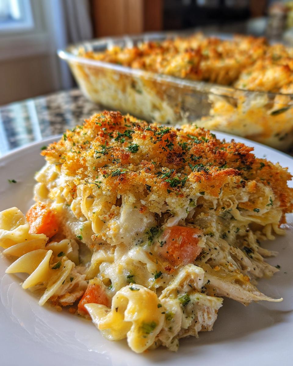 A close-up serving of creamy chicken noodle casserole topped with golden, crispy breadcrumbs and parsley.