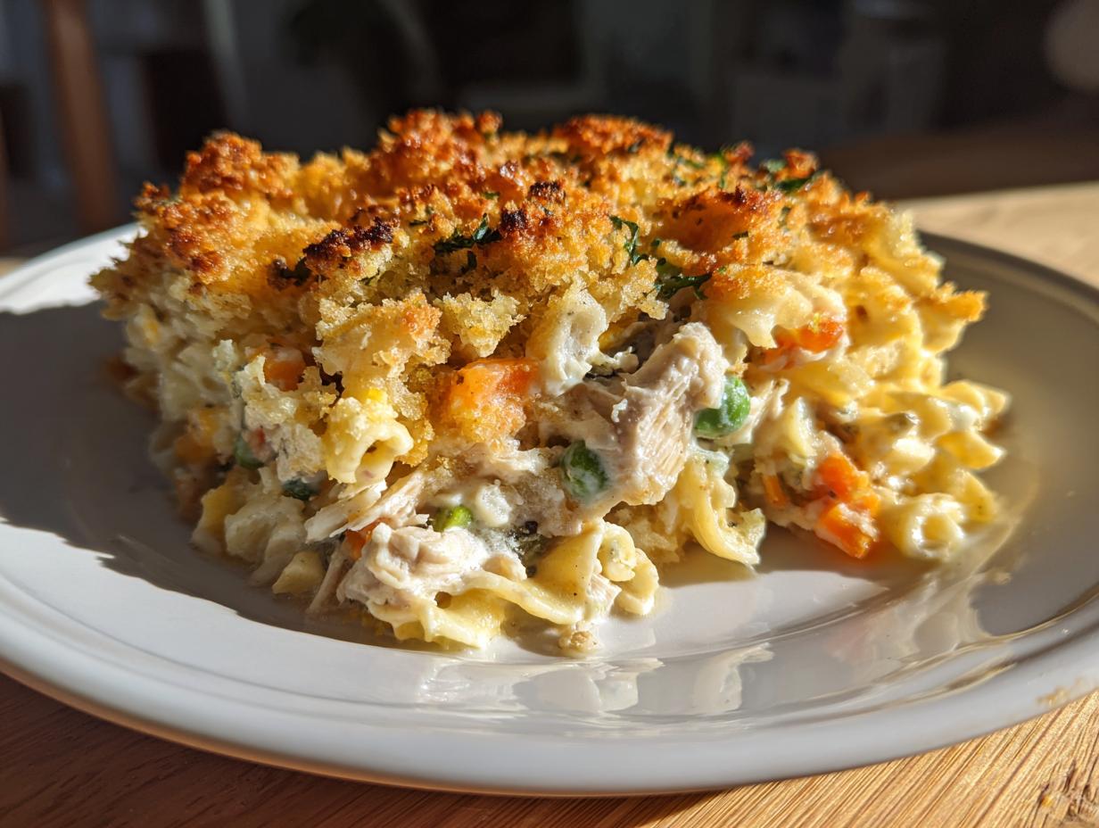A generous serving of creamy chicken noodle casserole topped with a golden, crunchy breadcrumb crust.