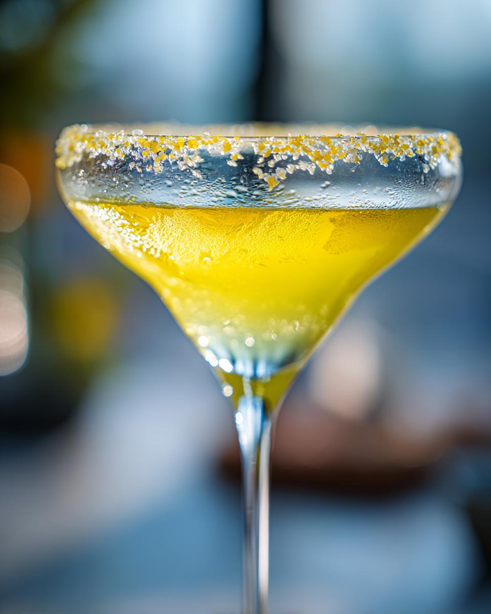 Close-up of a vibrant yellow lemon drop cocktail in a stemmed glass with a sugared rim.