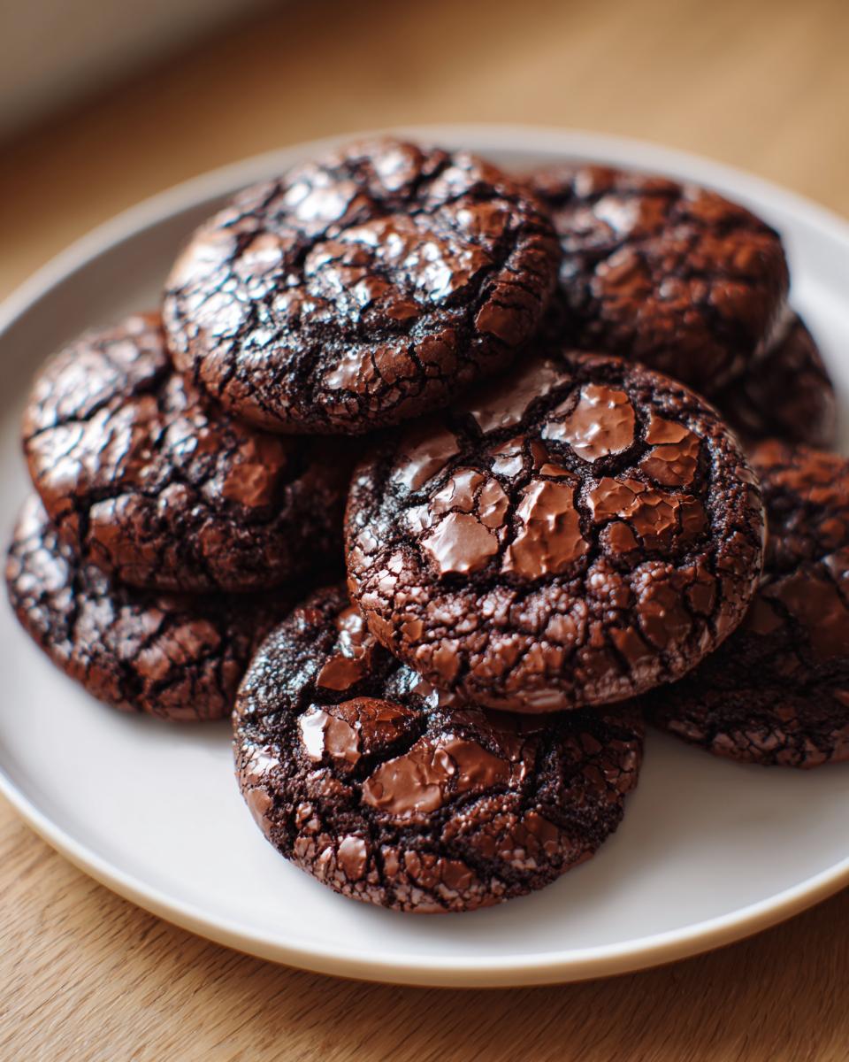 A stack of rich, dark chocolate brownie cookies with shiny, cracked tops served on a white plate.