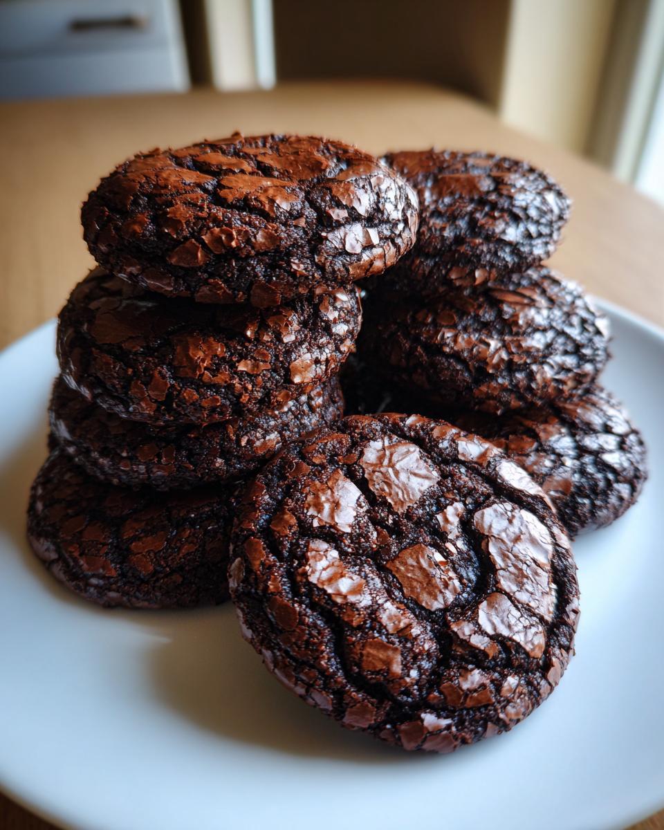 A close-up stack of rich, dark chocolate brownie cookies featuring signature crinkled, shiny tops.