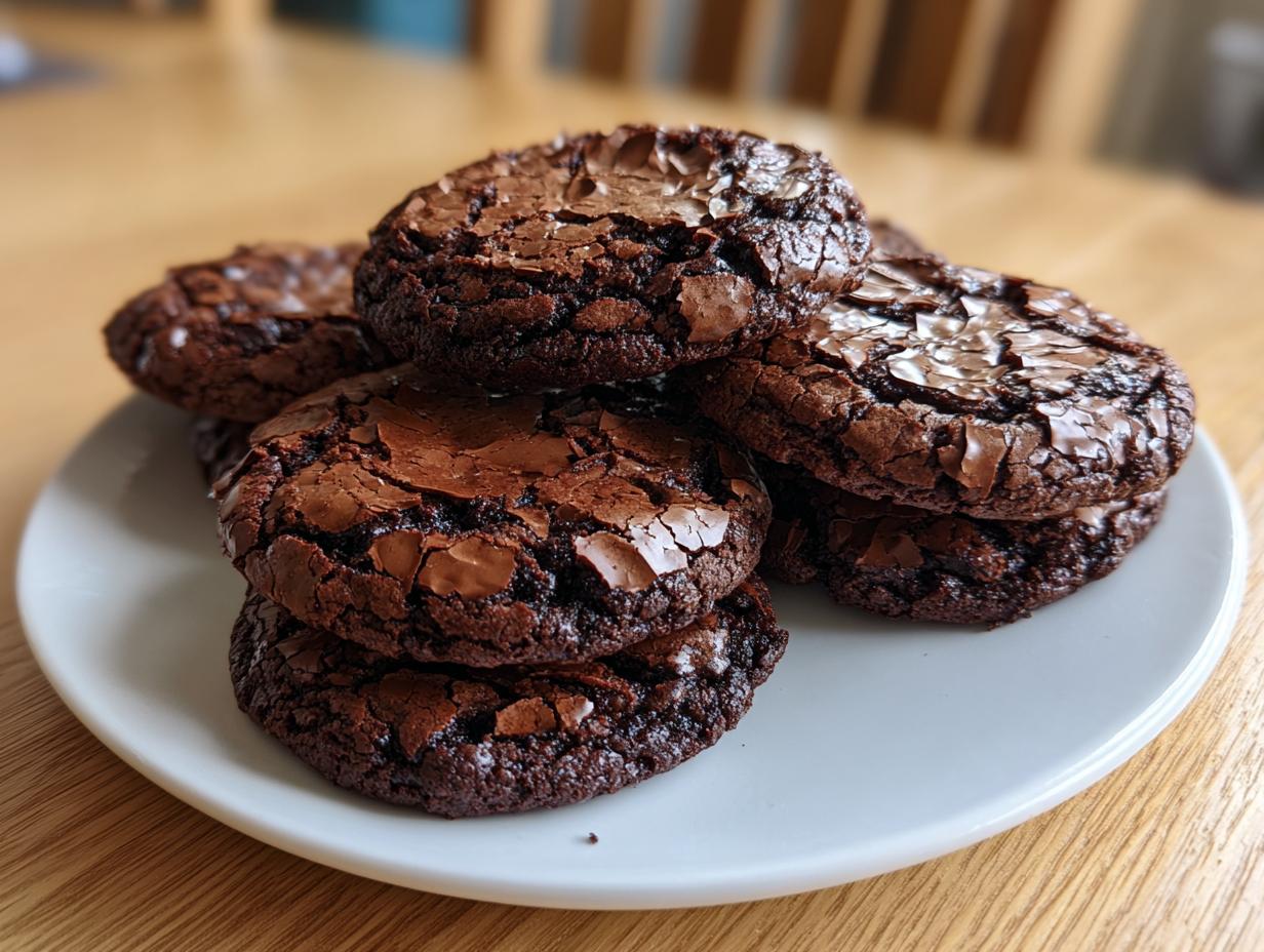 A stack of rich, fudgy chocolate brownie cookies with cracked tops, served on a white plate.