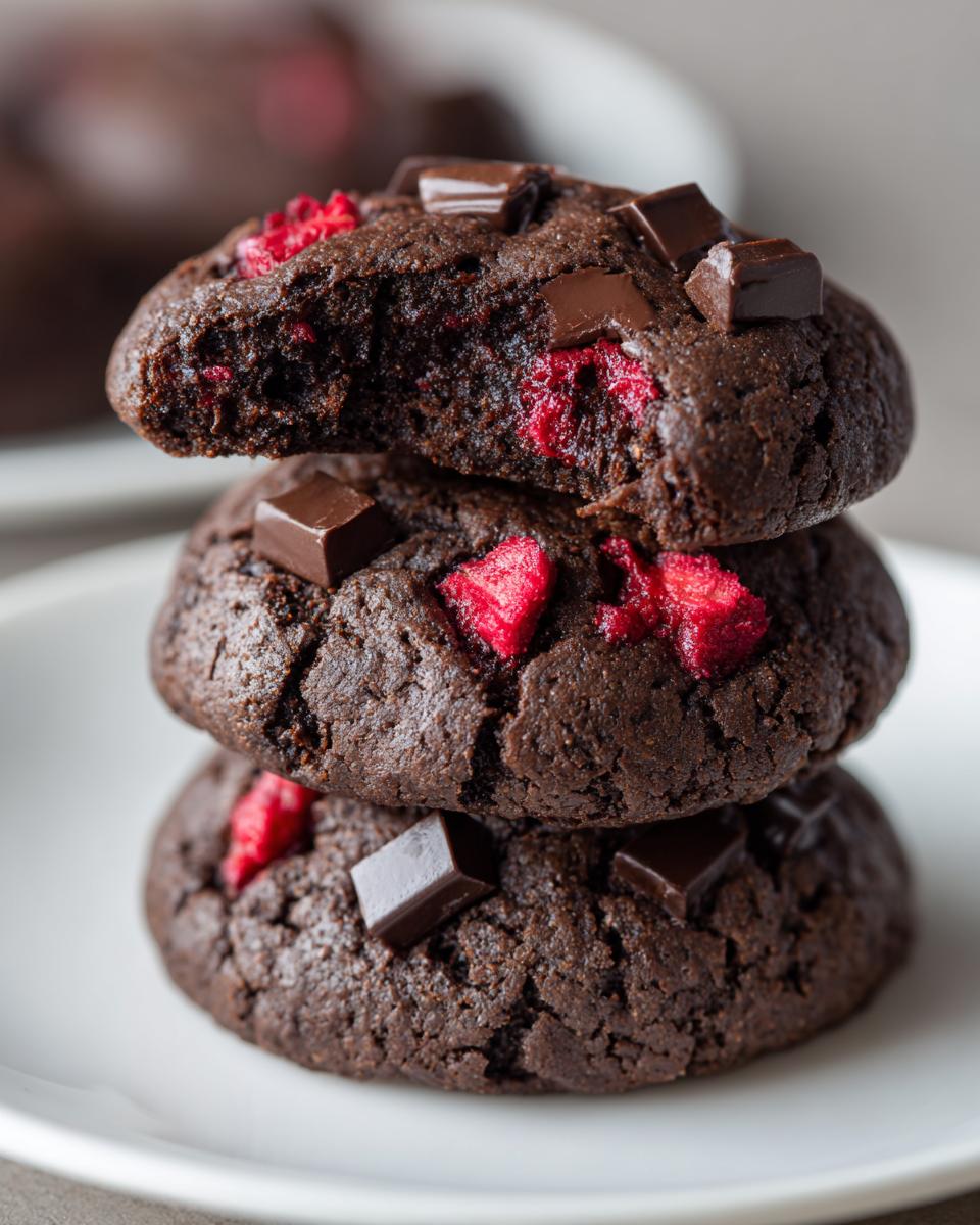 A stack of three rich, dark chocolate cherry cookies, with the top one having a bite taken out to show the chewy interior.