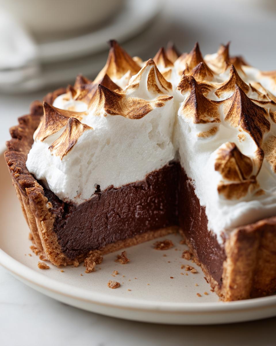Close-up of a slice removed from a rich chocolate meringue pie, showing the dark filling and torched meringue peaks.