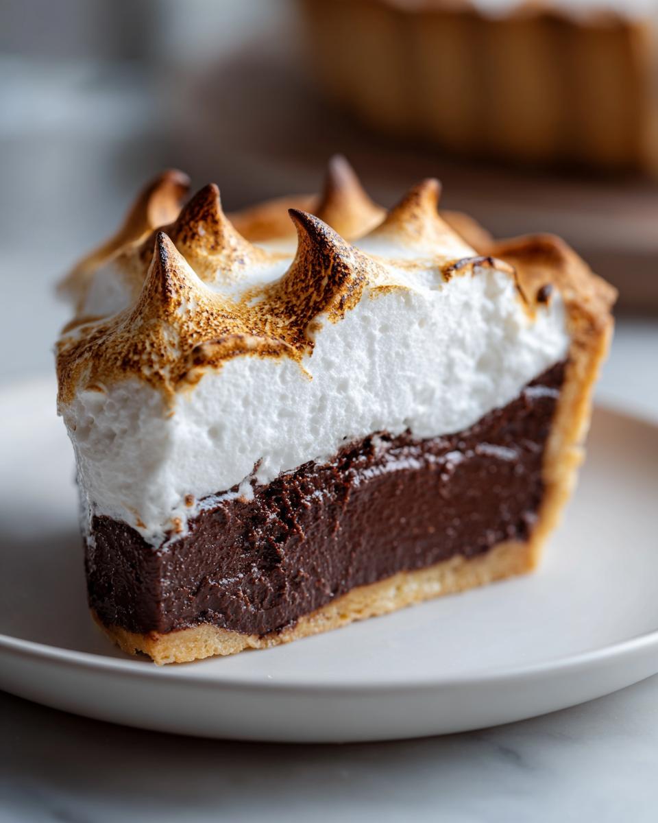 Close-up of a slice of chocolate meringue pie showing rich dark filling and perfectly toasted meringue peaks.