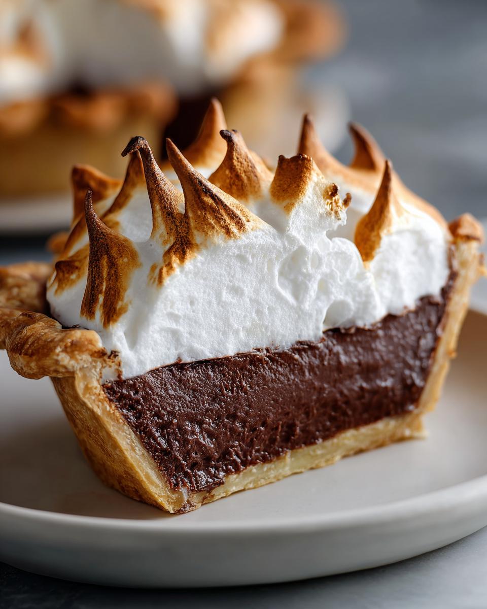 Close-up of a slice of chocolate meringue pie showing rich chocolate filling and perfectly toasted meringue peaks.