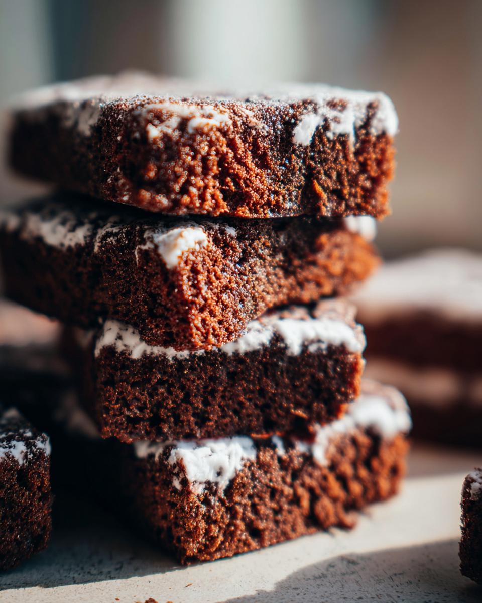 Close-up of a stack of four dark, rich chocolate brownie squares topped with white icing, likely related to a gingerbread house recipe.