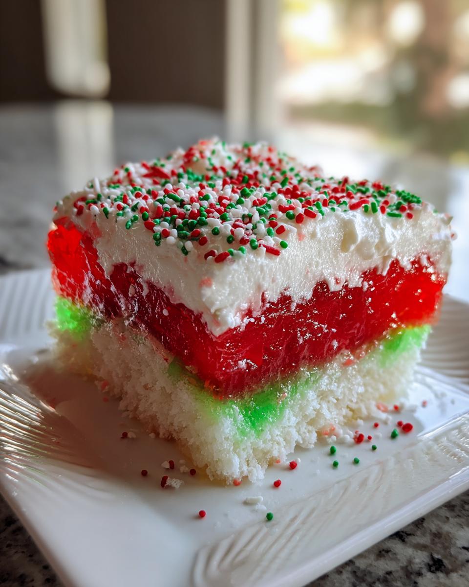 A layered slice of Christmas poke cake featuring white cake, green and red gelatin, whipped topping, and festive sprinkles.