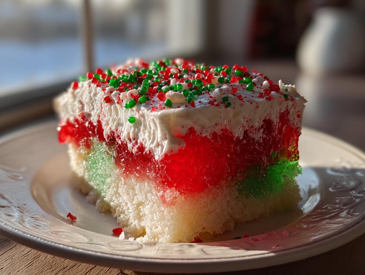 A close-up slice of Christmas poke cake featuring white cake, red and green gelatin layers, whipped topping, and festive sprinkles.