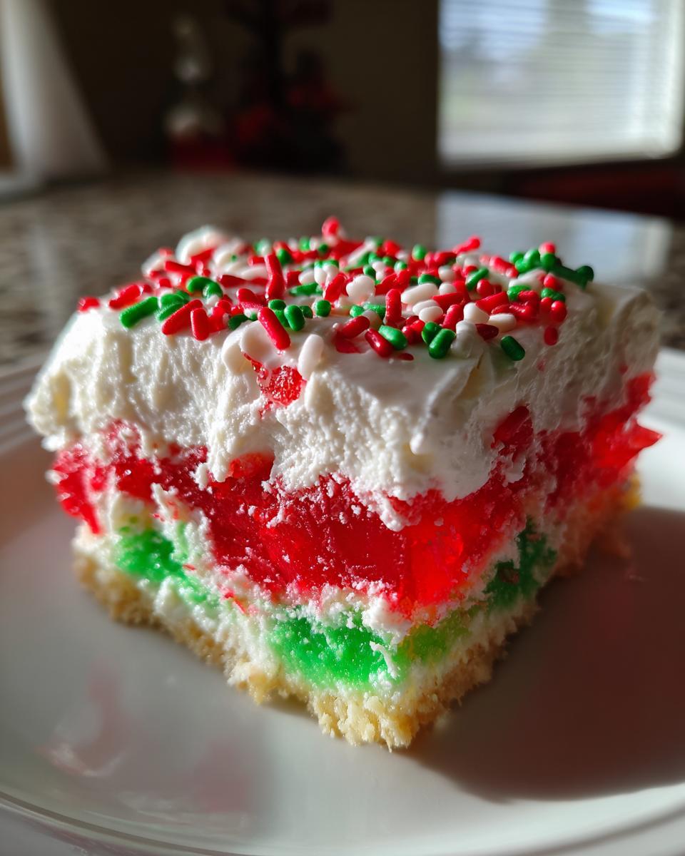 A slice of Christmas poke cake showing layers of white cake, red and green gelatin, whipped topping, and holiday sprinkles.