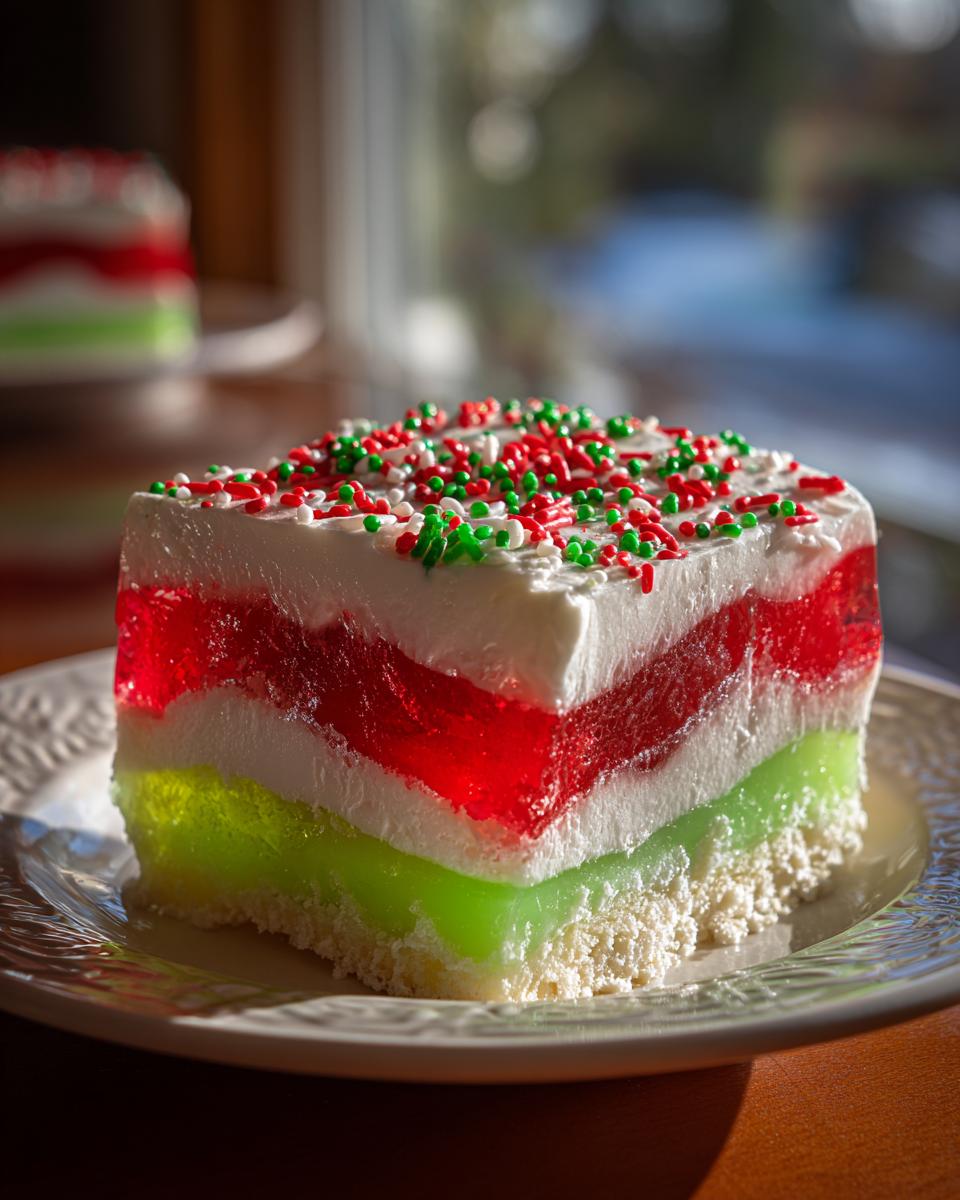 Close-up of a slice of Christmas poke cake featuring layers of red and green gelatin, white topping, and festive sprinkles.