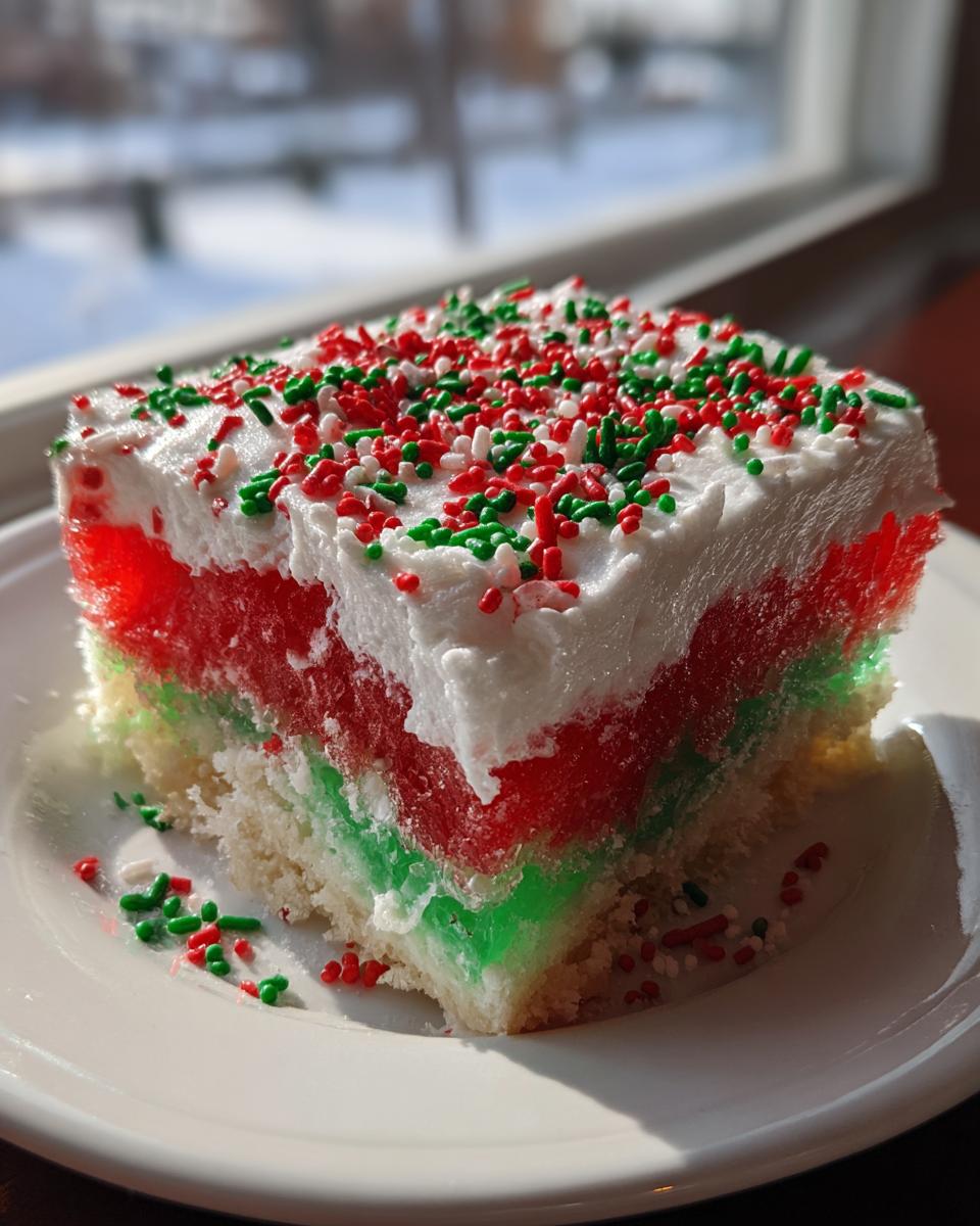 A square slice of Christmas poke cake featuring layers of red and green gelatin, topped with white frosting and festive sprinkles.