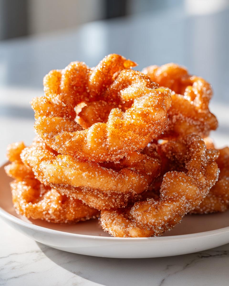 A close-up stack of golden brown, ridged buñuelos heavily coated in sparkling cinnamon sugar.