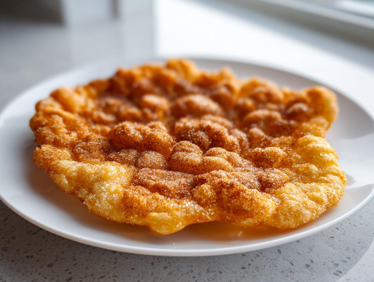 A single, golden-brown, fried buñuelos dusted heavily with cinnamon sugar, resting on a white plate.