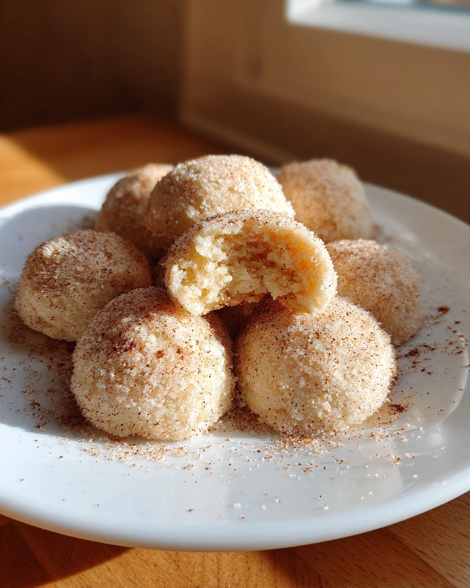 A plate piled high with soft cinnamon sugar snowball cookies, one broken open to show the texture.