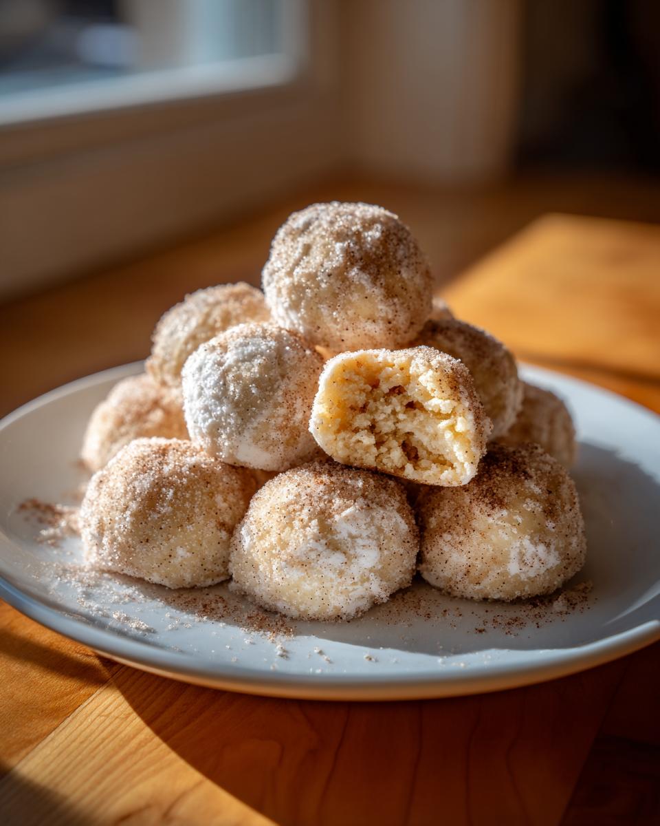 A stack of delicious cinnamon sugar snowball cookies dusted with powdered sugar and cinnamon on a light blue plate.