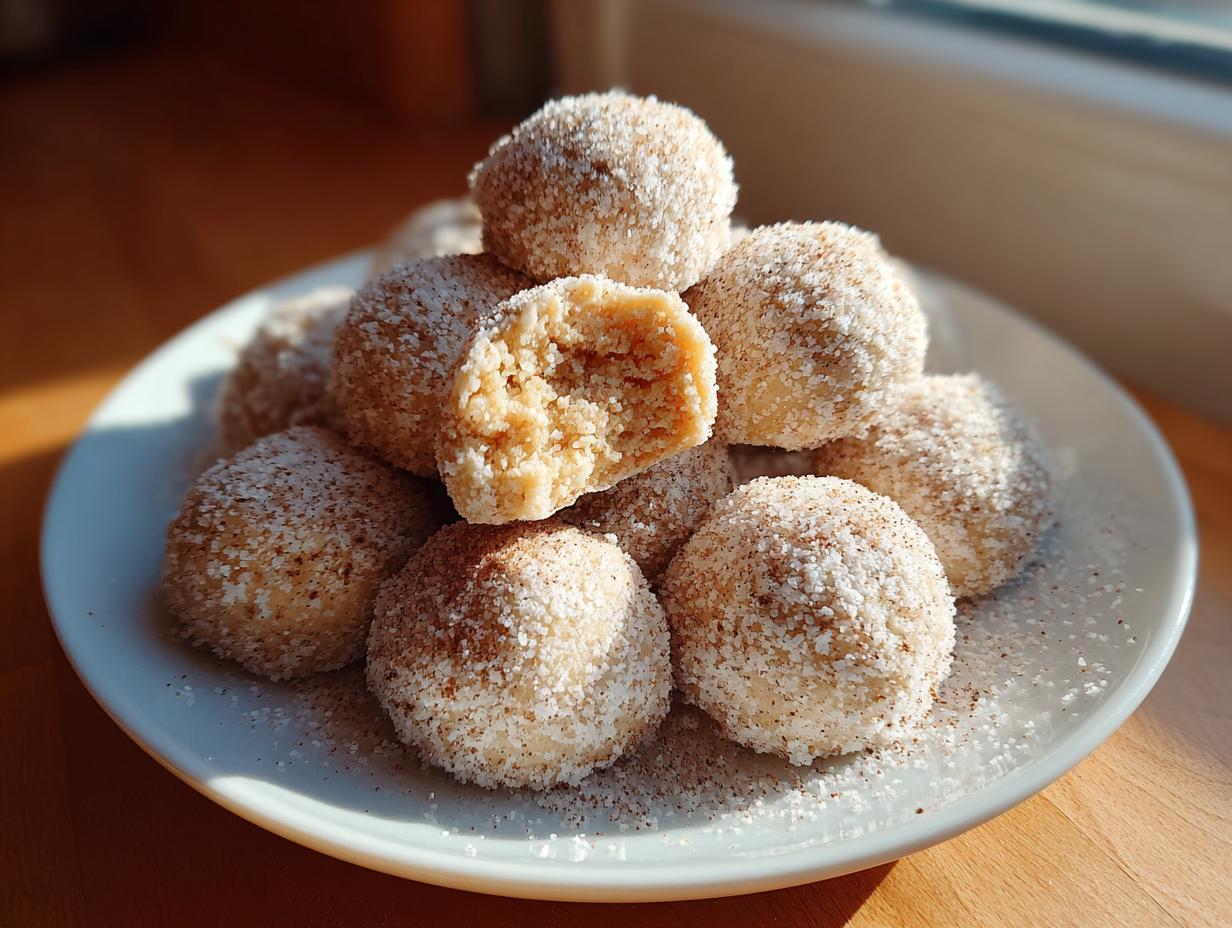 A plate piled high with delicious cinnamon sugar snowball cookies, one cookie is broken to show the soft interior texture.