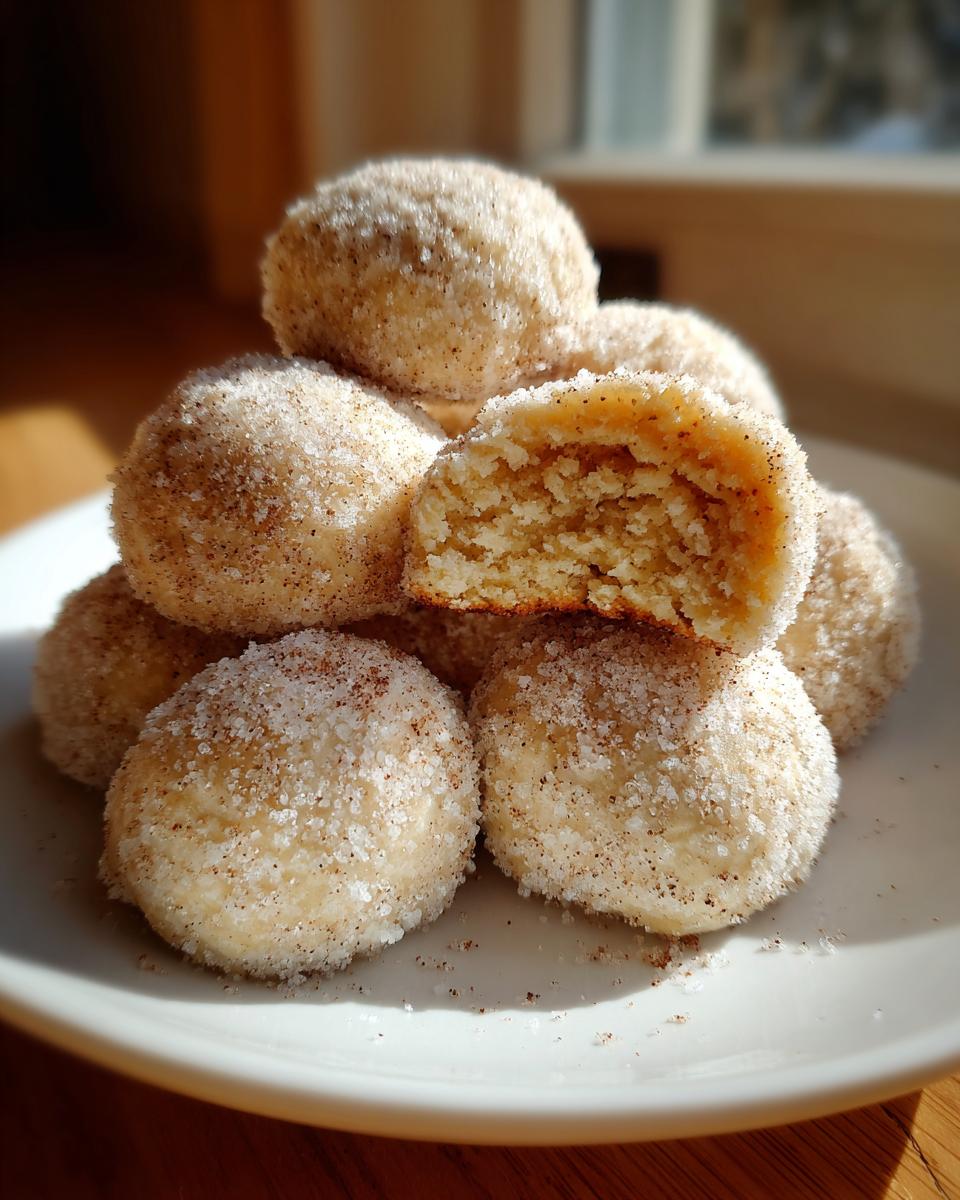 A stack of soft cinnamon sugar snowball cookies, one broken open to show the crumbly interior.