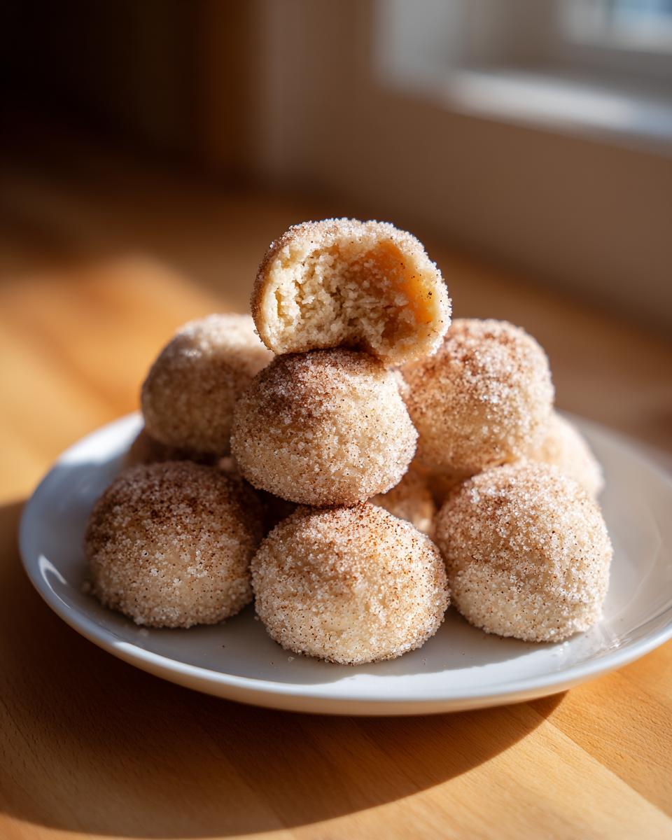 A stack of freshly baked cinnamon sugar snowball cookies, one broken open to show the soft interior.