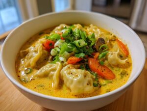 Close-up of a white bowl filled with creamy, yellow coconut curry soup featuring dumplings, sliced carrots, mushrooms, and green onions.