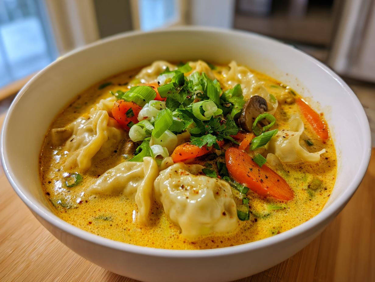 Close-up of a white bowl filled with creamy, yellow coconut curry soup featuring dumplings, sliced carrots, mushrooms, and green onions.