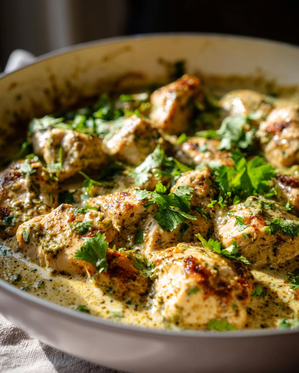 Close-up of seared coconut lime chicken pieces simmering in a creamy, herb-flecked sauce.