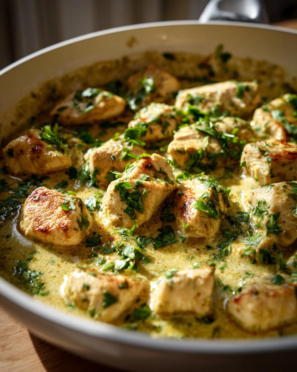 Close-up of seared chunks of coconut lime chicken simmering in a rich, creamy, light green sauce and topped with fresh cilantro.