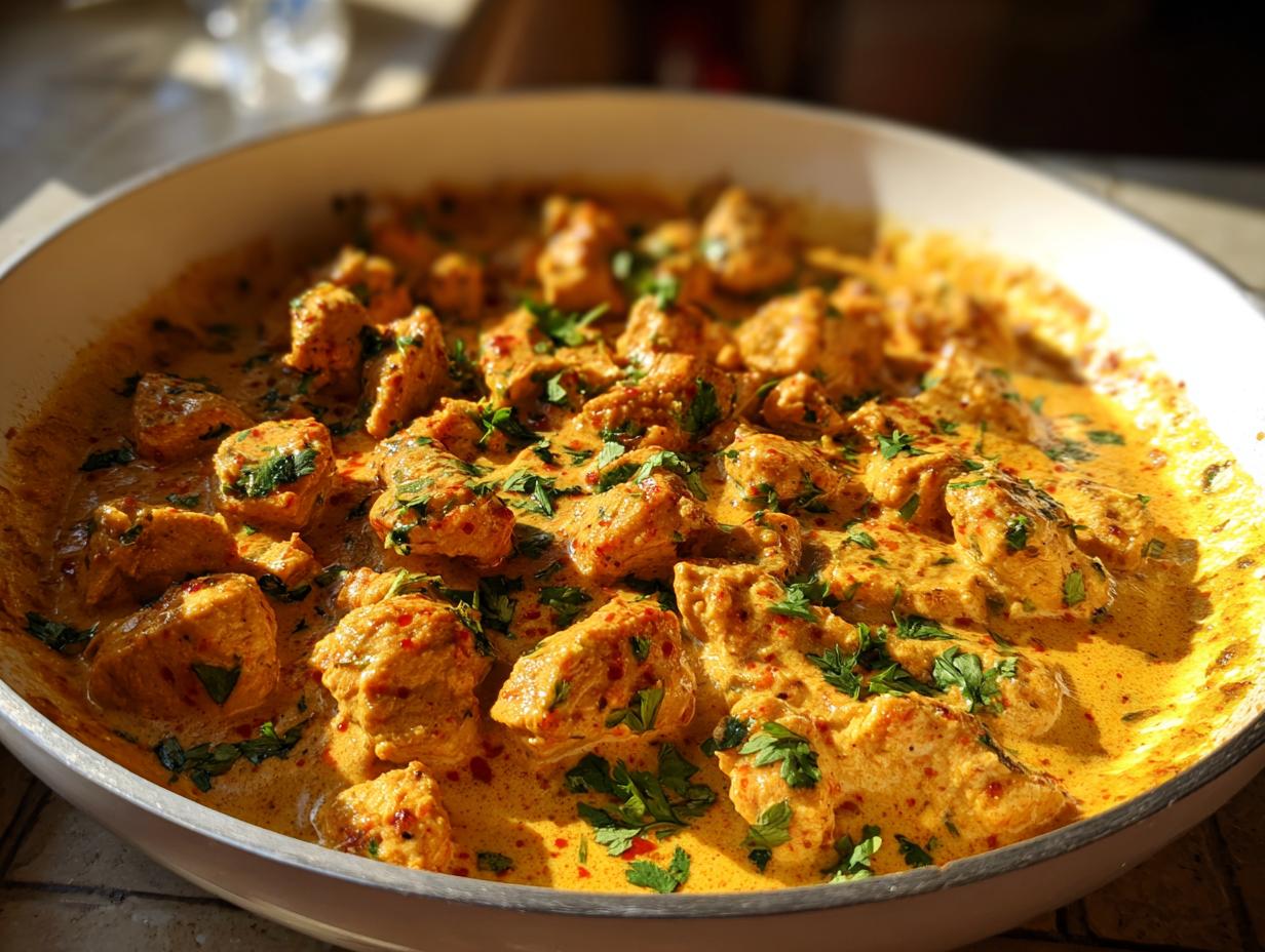 Close-up of tender chunks of coconut lime chicken simmering in a rich, creamy, orange-hued sauce, garnished with fresh parsley.
