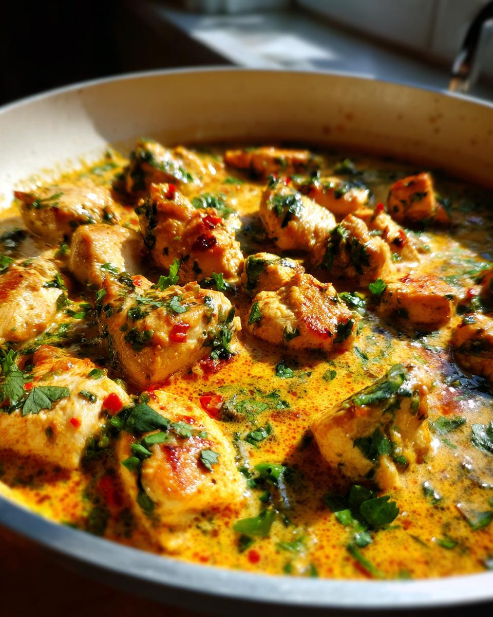 Close-up of juicy pieces of coconut lime chicken simmering in a rich, yellow, creamy sauce garnished with fresh cilantro and red chili flakes.