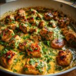 Close-up of seared chicken pieces simmering in a creamy, yellow coconut lime chicken sauce, garnished with fresh cilantro.