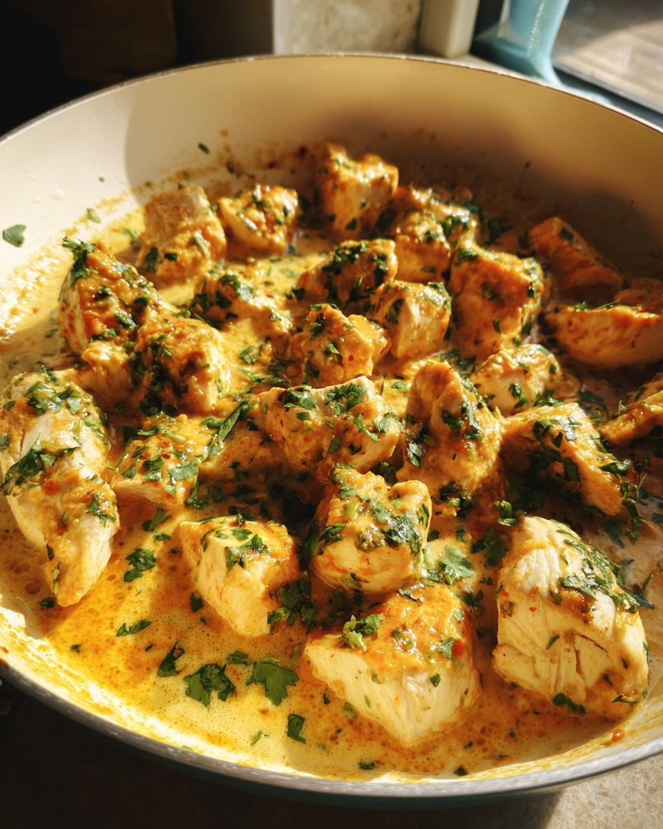 Close-up of cubed chicken pieces simmering in a rich, creamy, orange-tinted sauce, garnished with fresh cilantro for coconut lime chicken.