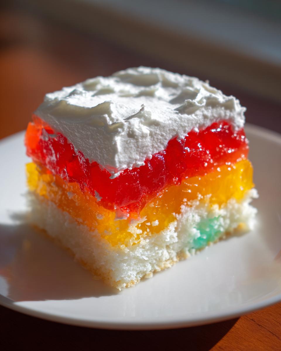 A square slice of layered jello poke cake showing white cake base, colorful jello layers (red, orange, blue), topped with whipped cream.