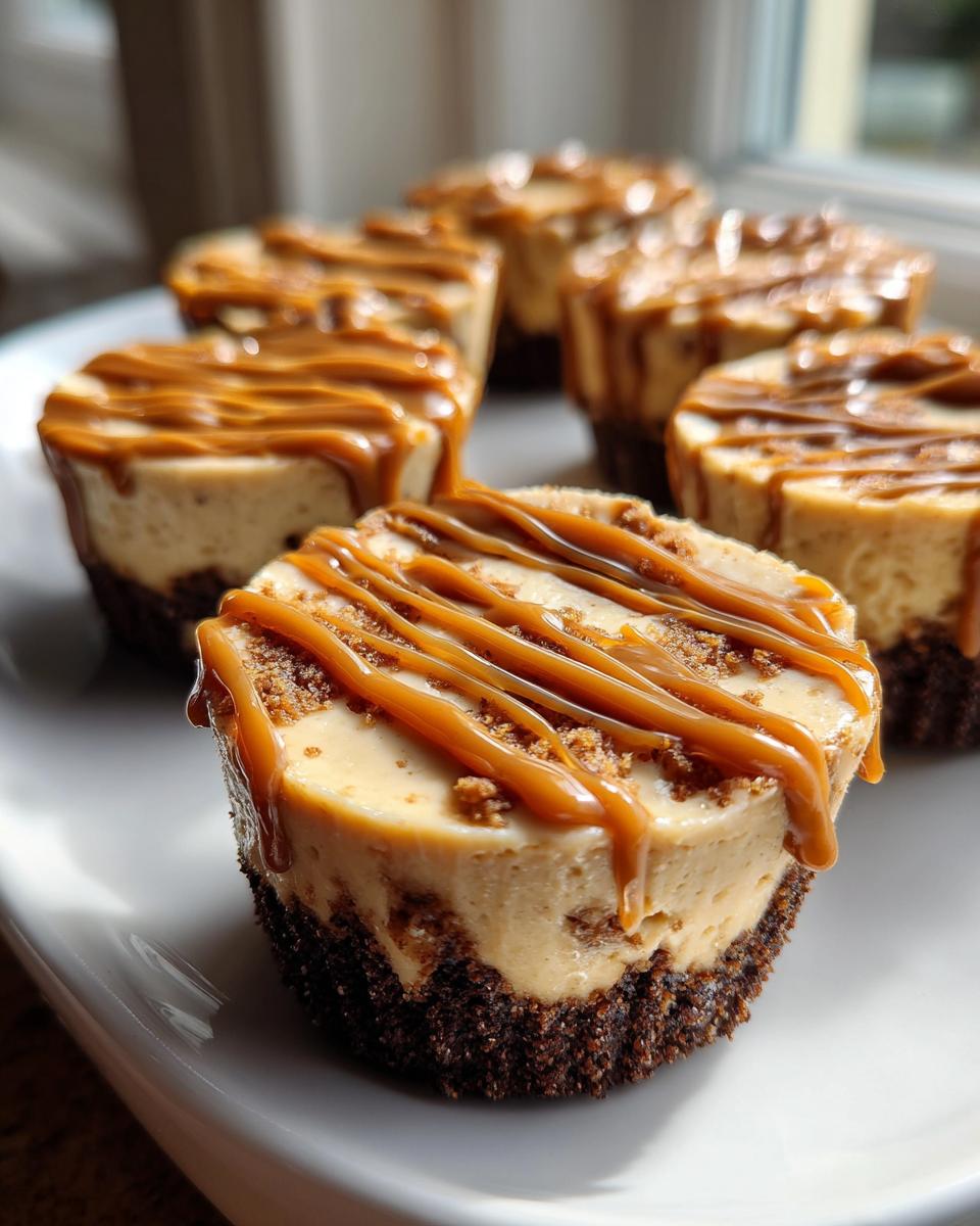 A close-up of several individual cookie butter cheesecake cups topped with a rich caramel drizzle.