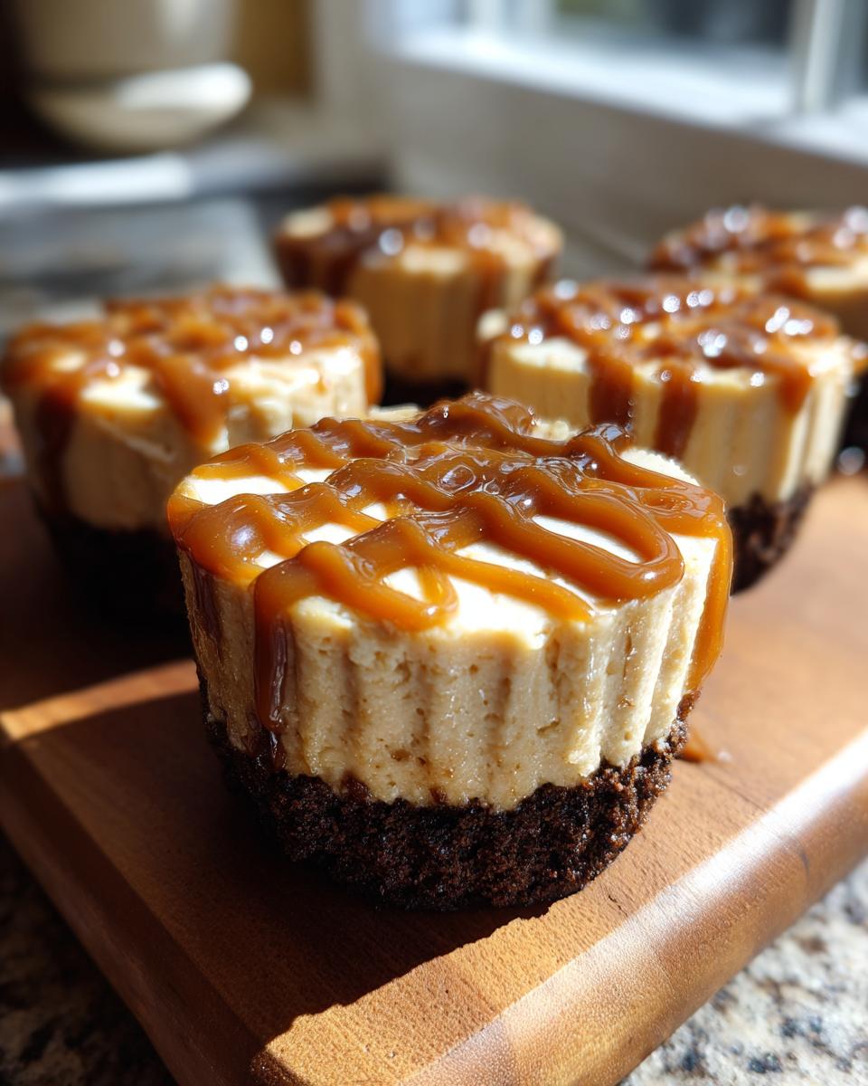 A close-up of a cookie butter cheesecake cup with a dark crust, topped with a generous drizzle of caramel sauce.