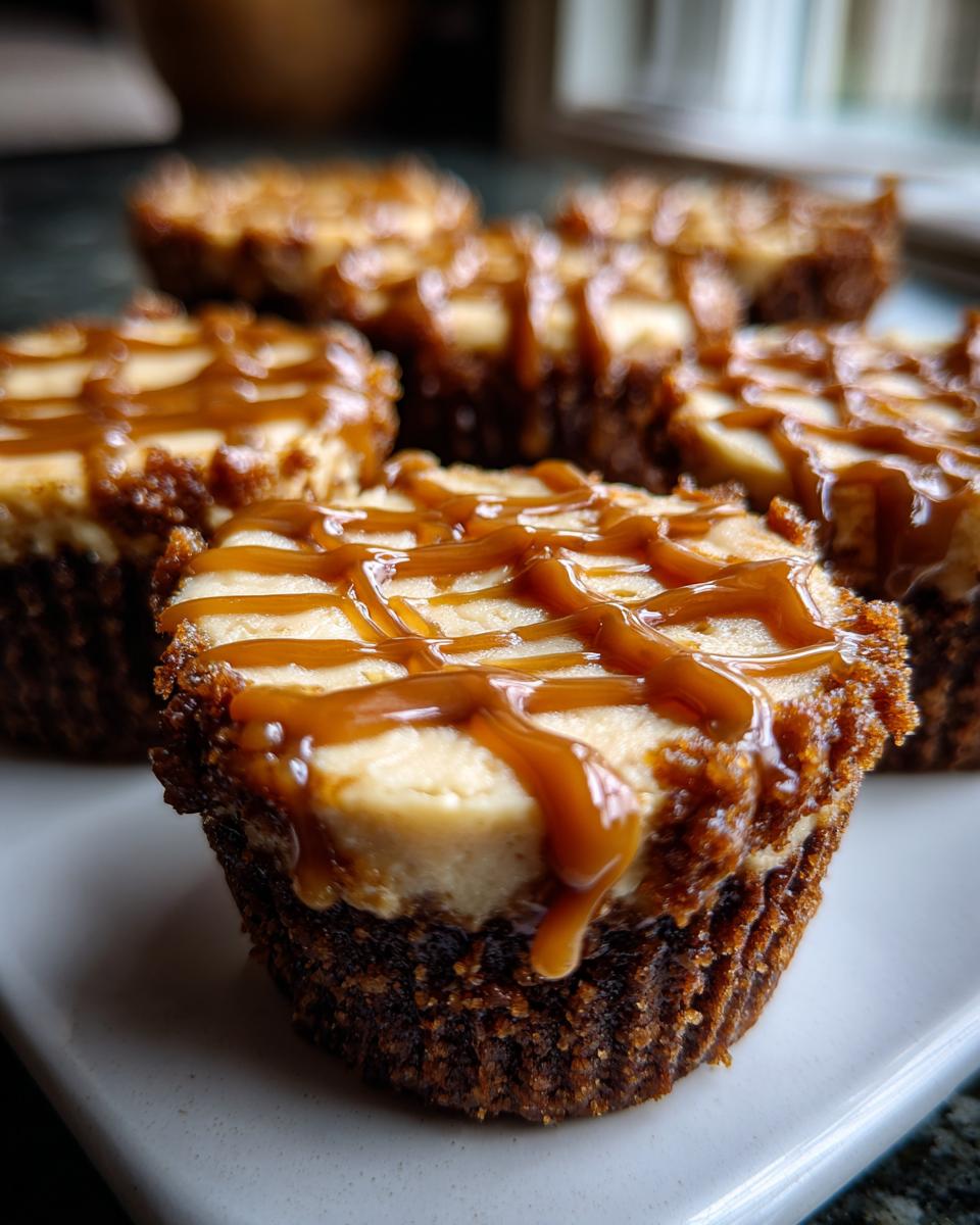 A close-up of one cookie butter cheesecake cup topped with a rich caramel drizzle, sitting on a white plate with others blurred in the background.