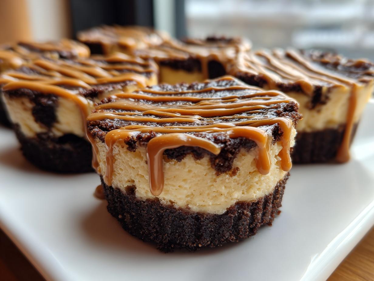 Close-up of cookie butter cheesecake cups with a thick, dark crust and caramel drizzle on top.