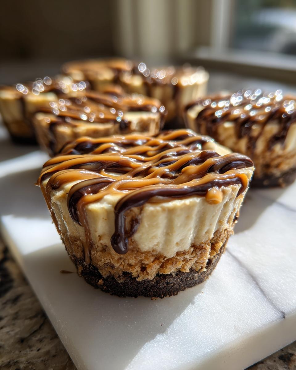 A close-up of one of the cookie butter cheesecake cups topped with caramel and chocolate drizzle.