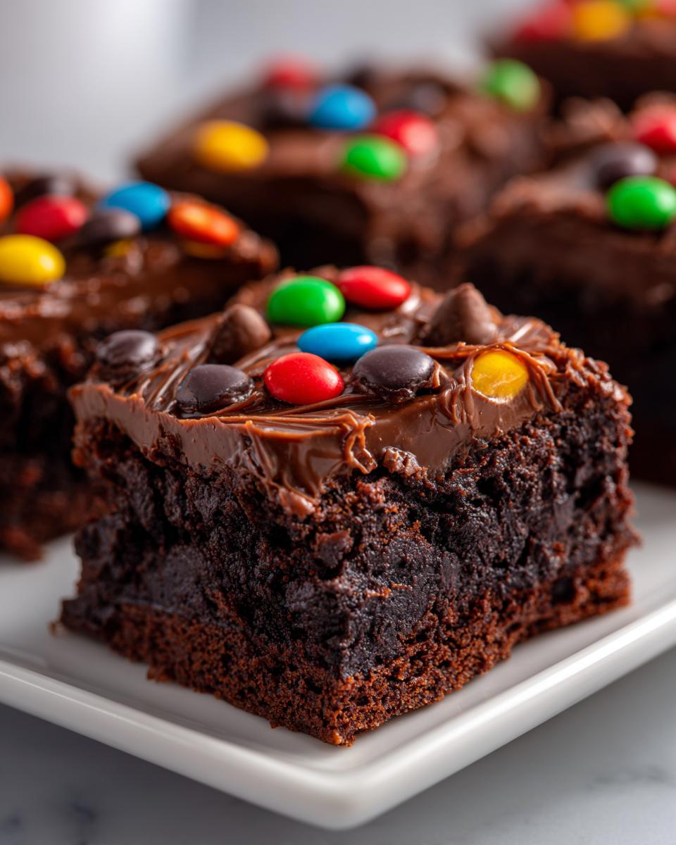 A close-up of a rich, fudgy square of cosmic brownies topped with chocolate frosting and colorful candy pieces.