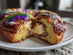 A cross-section view of a rich, cream cheese filled king cake decorated with purple, green, and gold glitter icing.