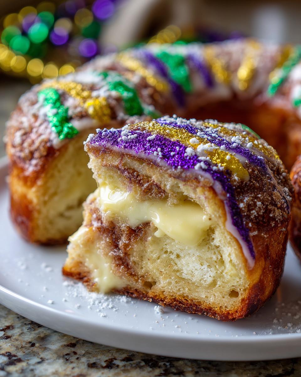 Close-up of a slice of cream-filled king cake showing rich filling and purple, gold, and green sprinkles.