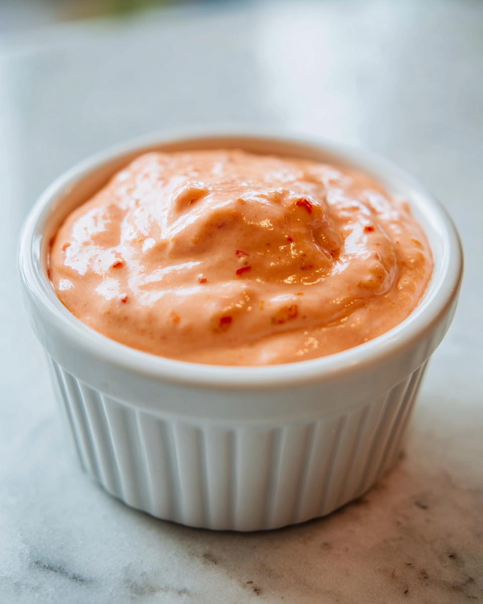 A close-up of thick, creamy, orange-pink burger sauce speckled with red spice flecks, served in a white fluted ramekin.