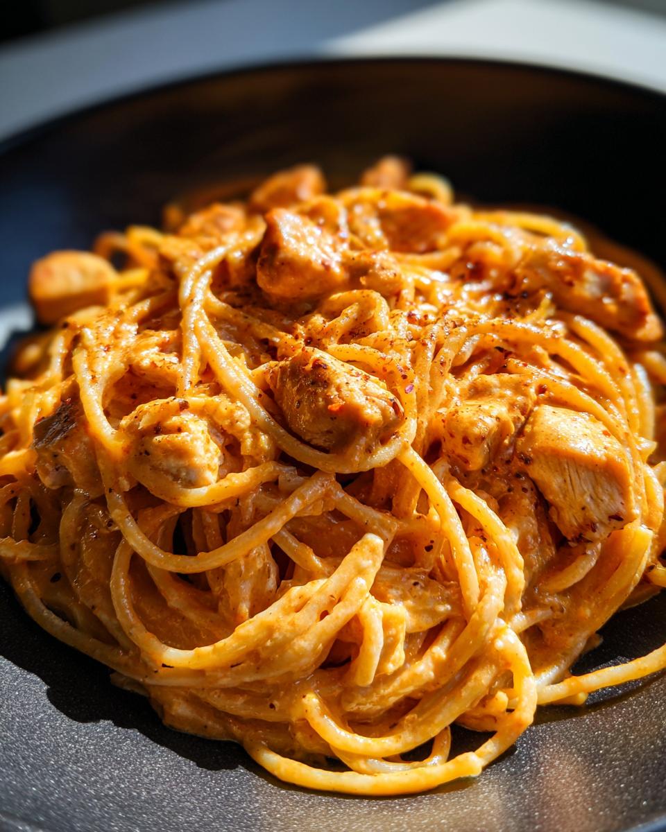 A close-up shot of a serving of creamy cajun chicken pasta, featuring spaghetti coated in an orange sauce with chunks of seasoned chicken.
