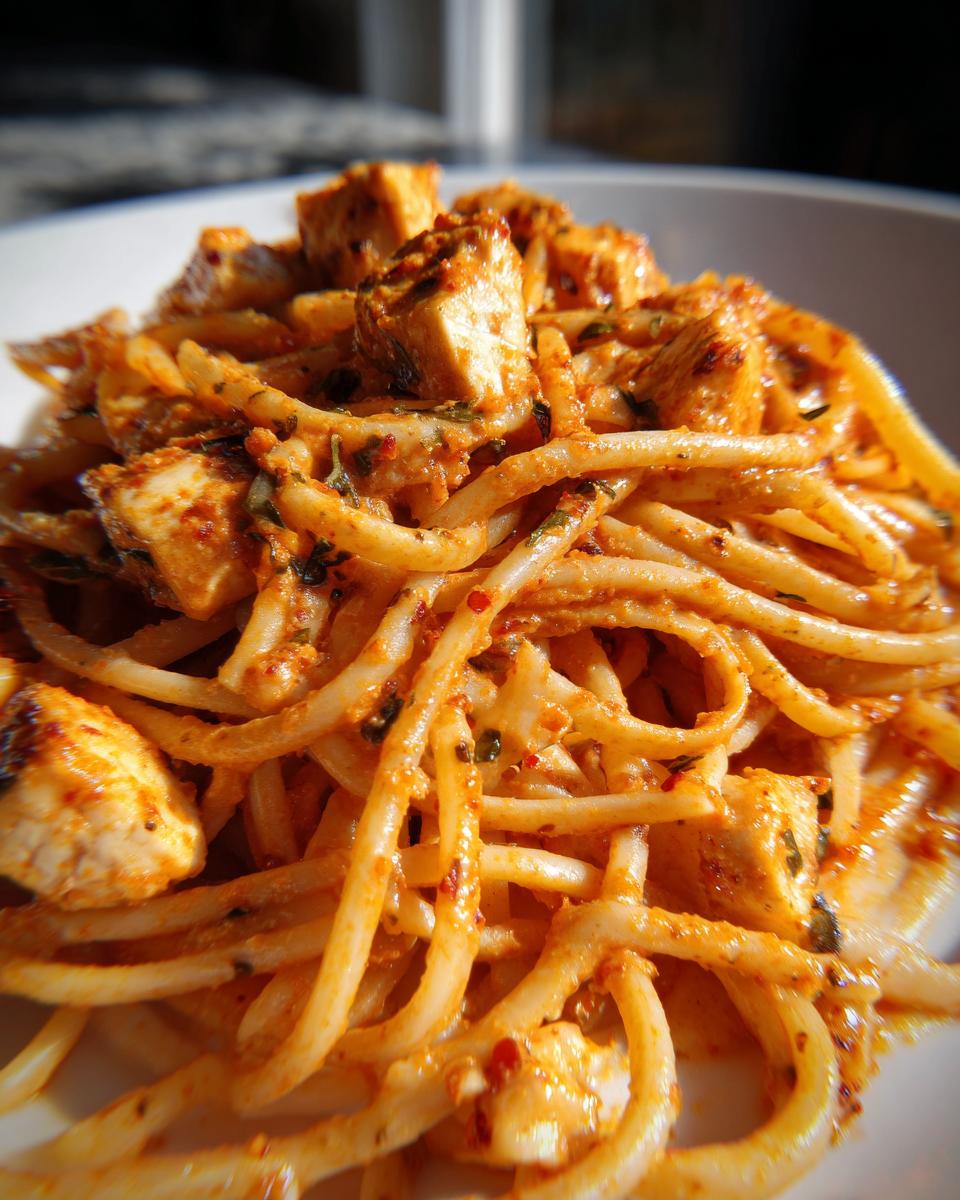 Close-up shot of creamy cajun chicken pasta featuring linguine coated in a rich, orange sauce with visible spice flakes and chunks of seasoned chicken.