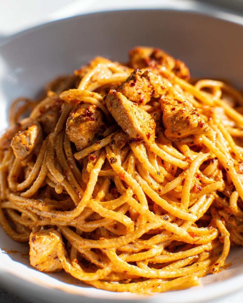 A close-up shot of perfectly coated spaghetti noodles and seasoned chicken chunks in a rich, orange-hued creamy cajun chicken pasta.