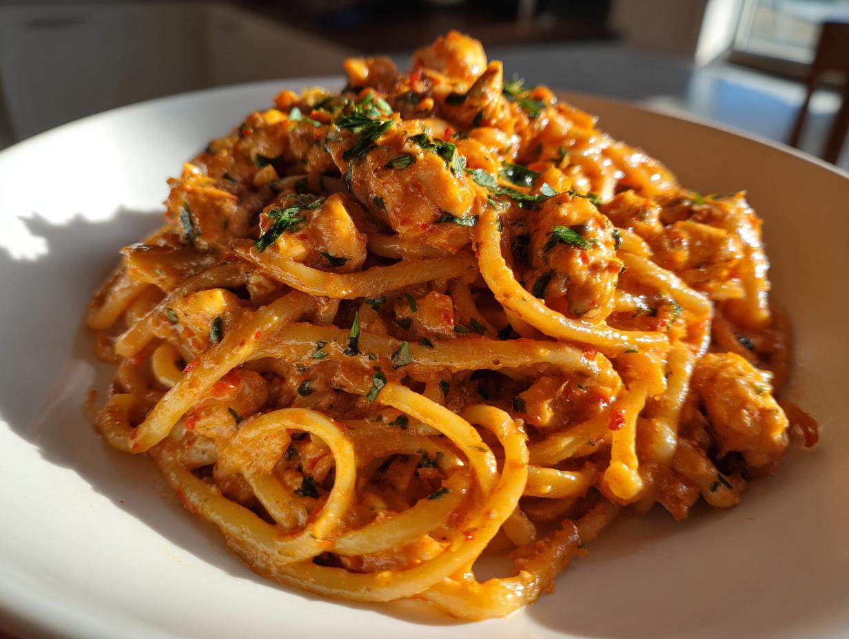Close-up of a generous serving of creamy Cajun chicken pasta coated in a rich, orange sauce and topped with fresh parsley.