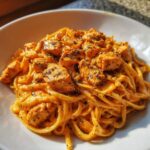 Close-up of a white bowl filled with creamy cajun chicken pasta, featuring orange-tinted sauce and seasoned chicken pieces.