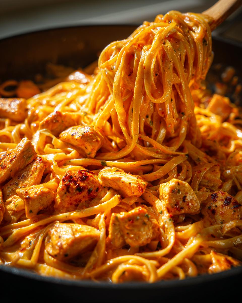 A wooden spoon lifting linguine noodles coated in orange sauce and chunks of seasoned chicken from a pan of creamy cajun chicken pasta.